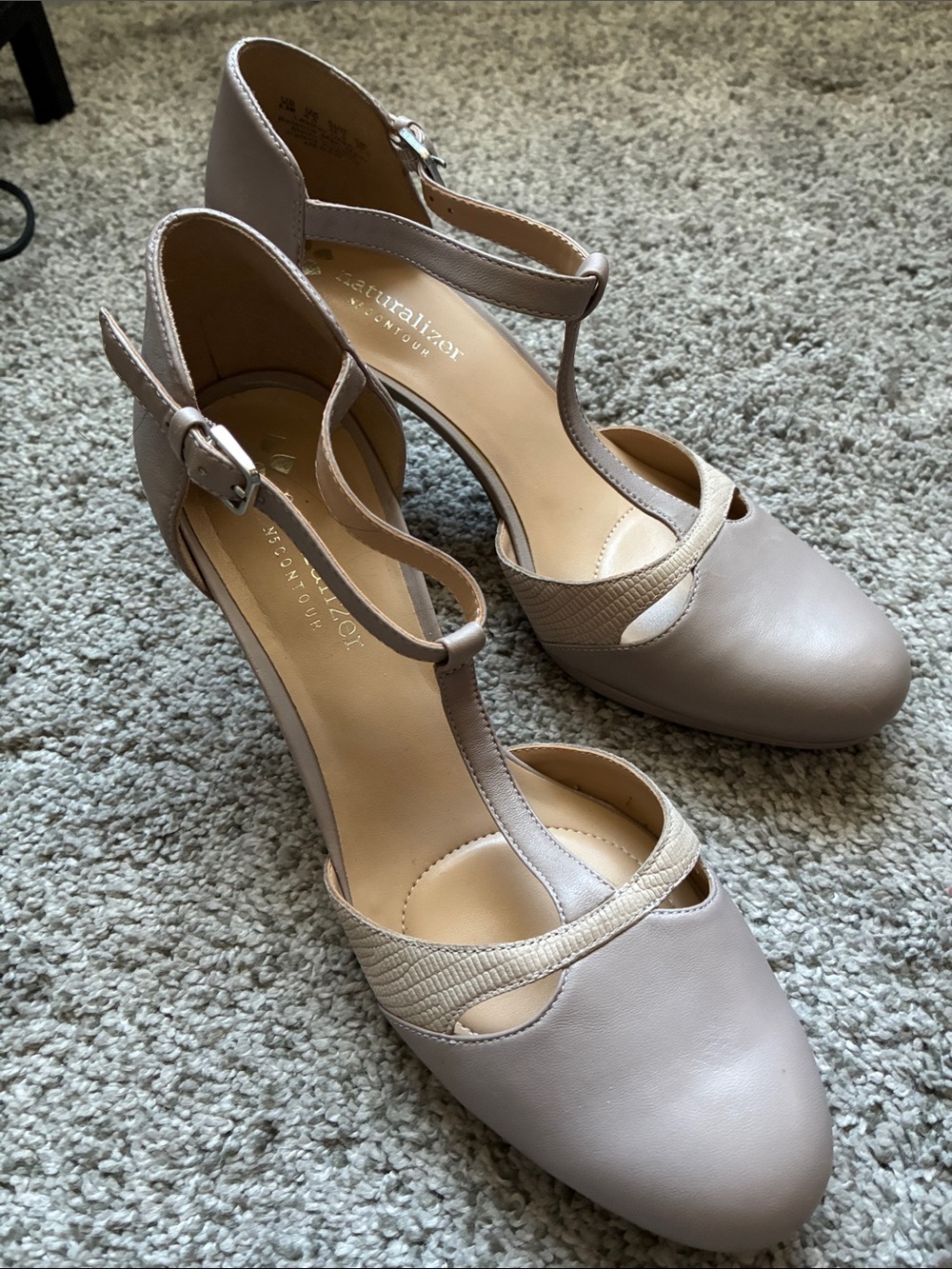 Naturalizer Taupe T-Strap Leather Heels